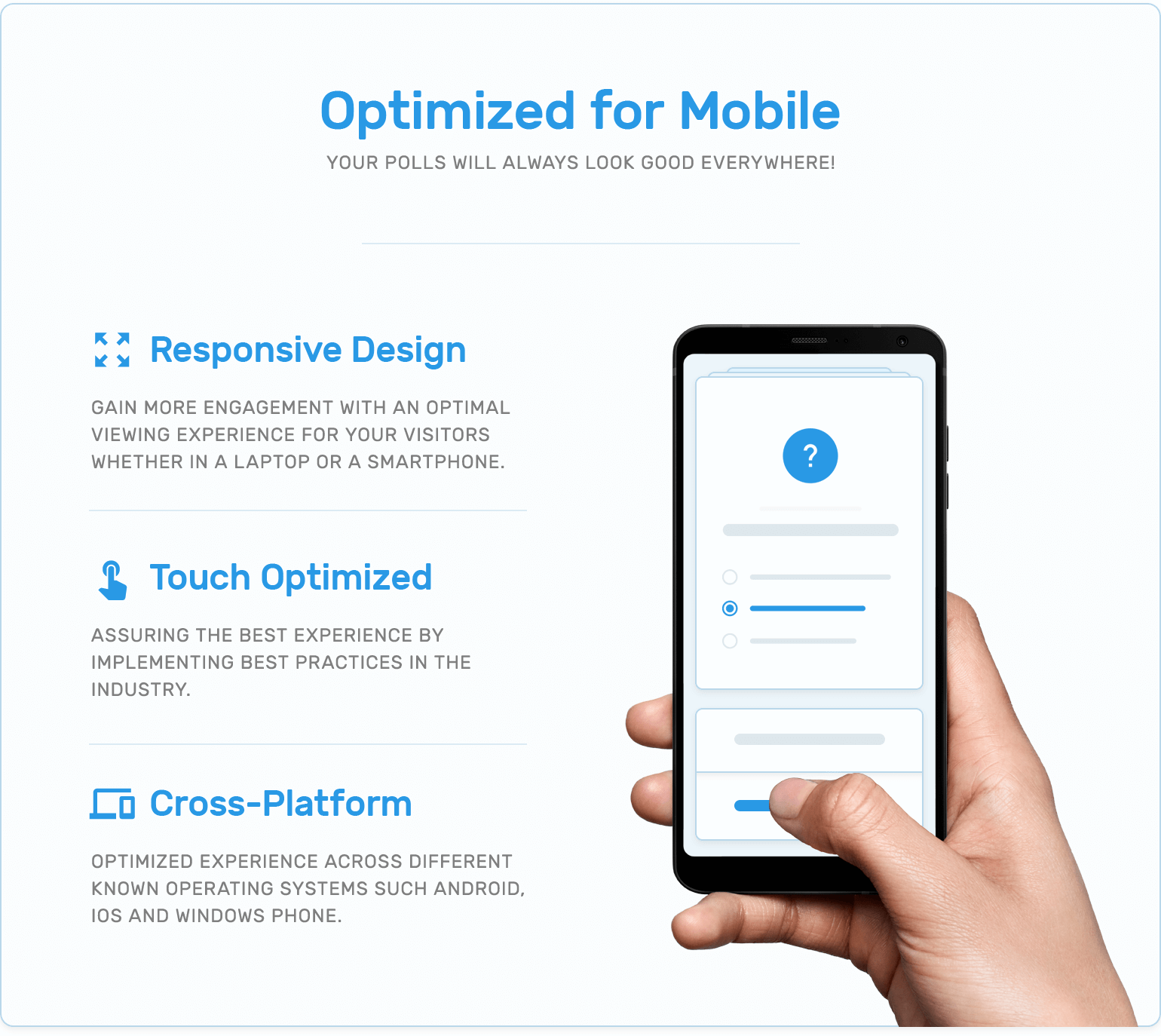 Mobile optimization, responsive design, touch optimization, and cross-platform support in TotalPoll WordPress poll plugin.