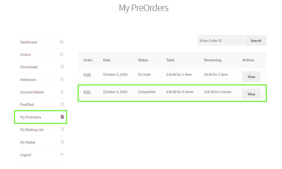 WooCommerce Pre Order - My PreOrders menu