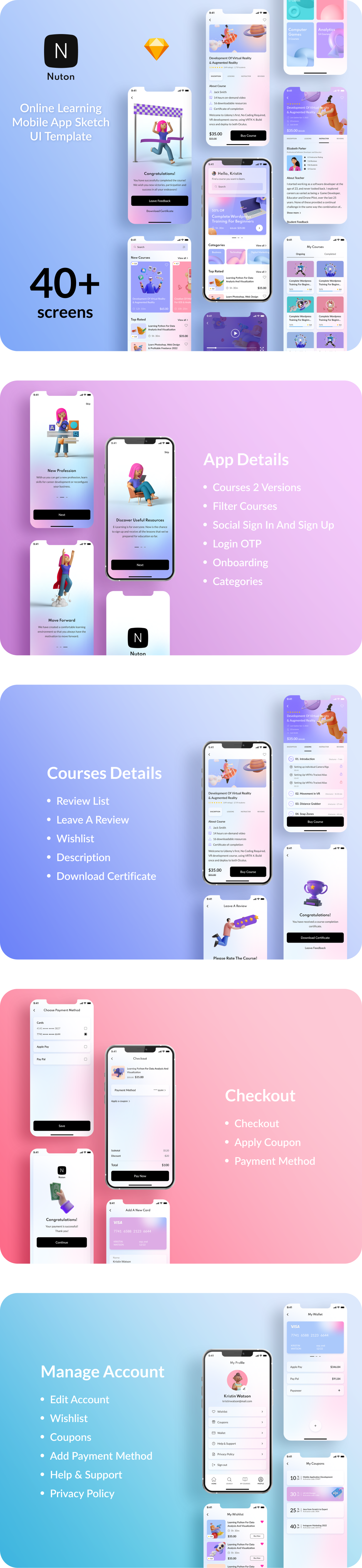 Nuton - Online Learning Mobile App Sketch UI Template - 4