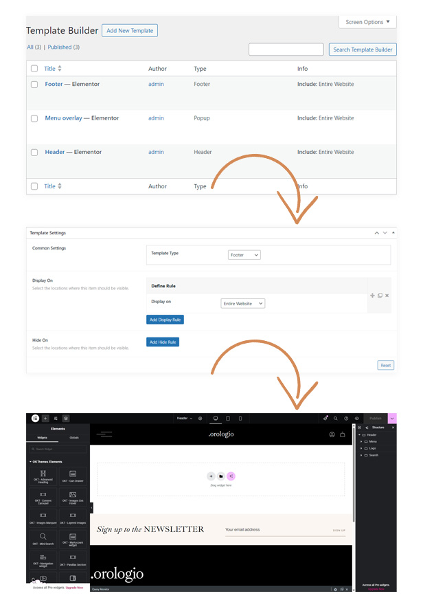 Orologio – cabeçalhos, rodapés e menus de sobreposição personalizados do Elementor