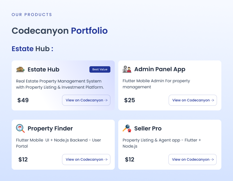 Antripe CodeCanyon portfolio: Estate Hub, Real Estate Admin App, Property Finder App and Seller Pro for property management.