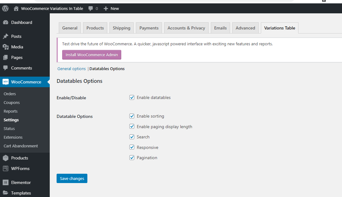 Woocommerce product variations in table admin screen 2