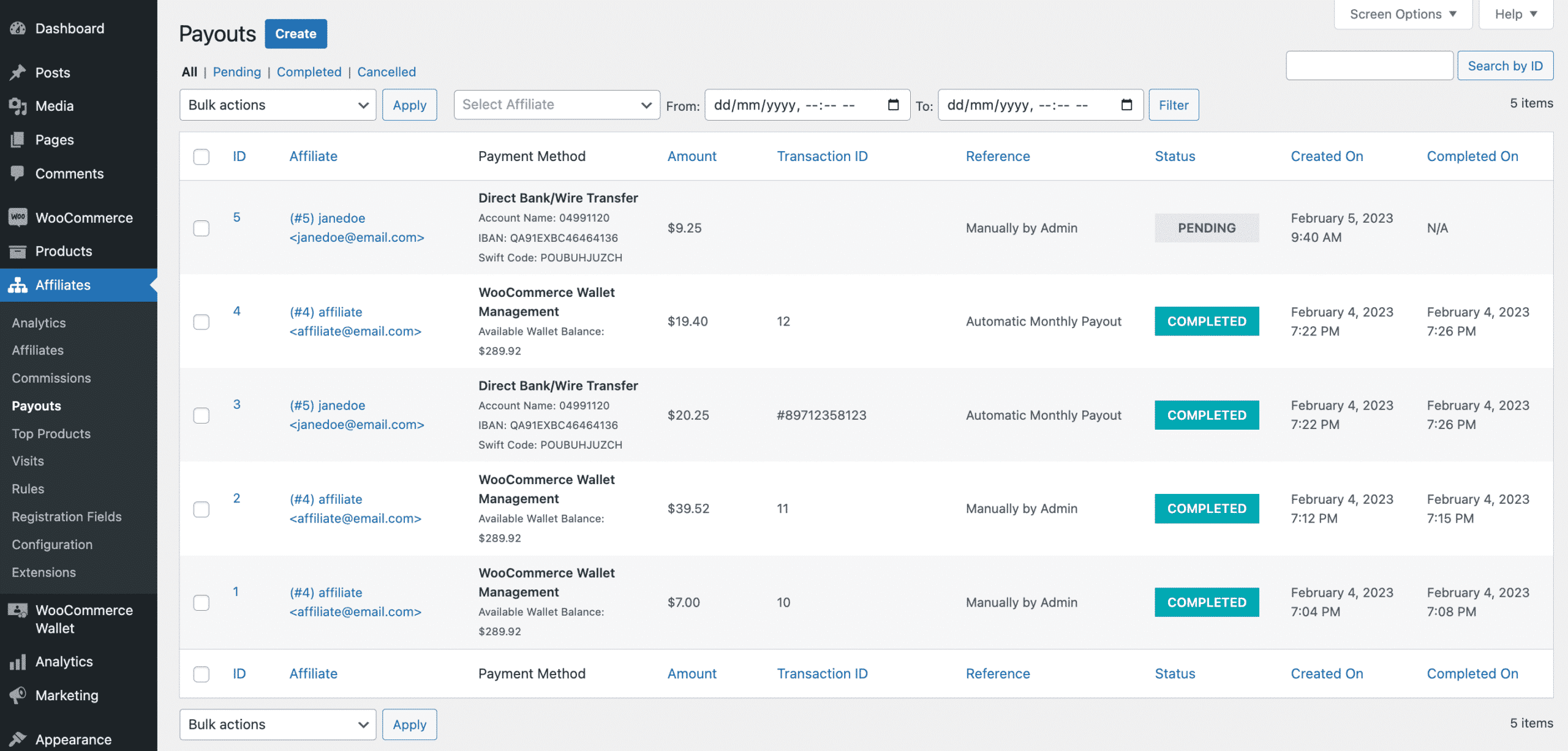 WooCommerce Affiliates Payouts List Page