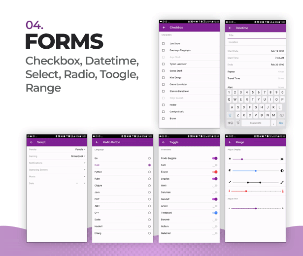 Forms Checkbox Datetime, Select, Radio, Toogles, Range