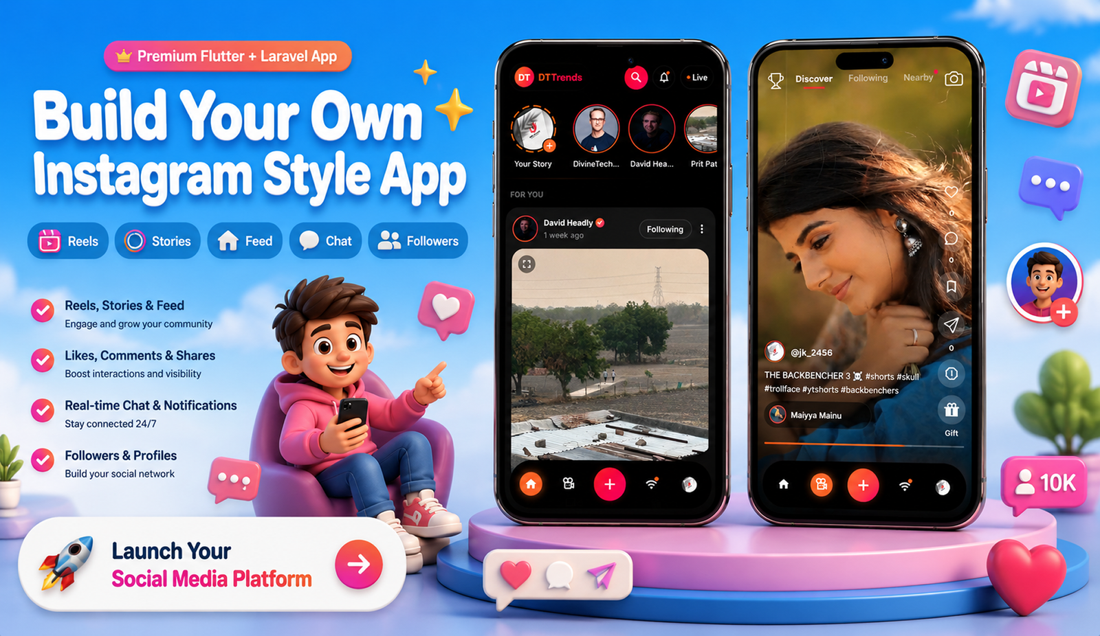DTTrends – TikTok Clone | Reels, Live Streaming, PK Battle, Story, Feed, Chat | Flutter App - 10