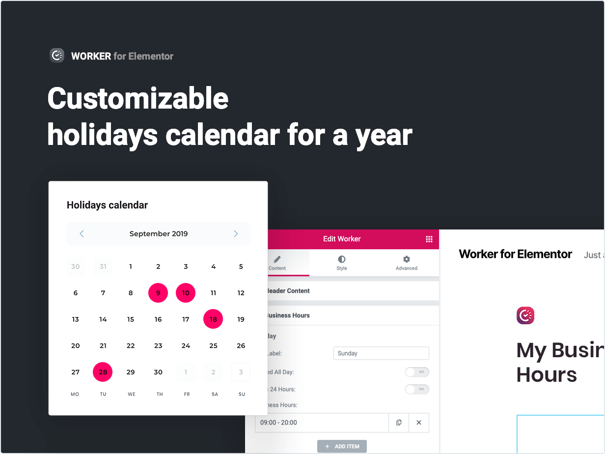 Customizable holidays calendar for a whole year