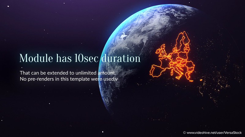 Photorealistic 3D Earth render with the European Union map glow outlined illuminated map of night cities stars and text on the screen in space