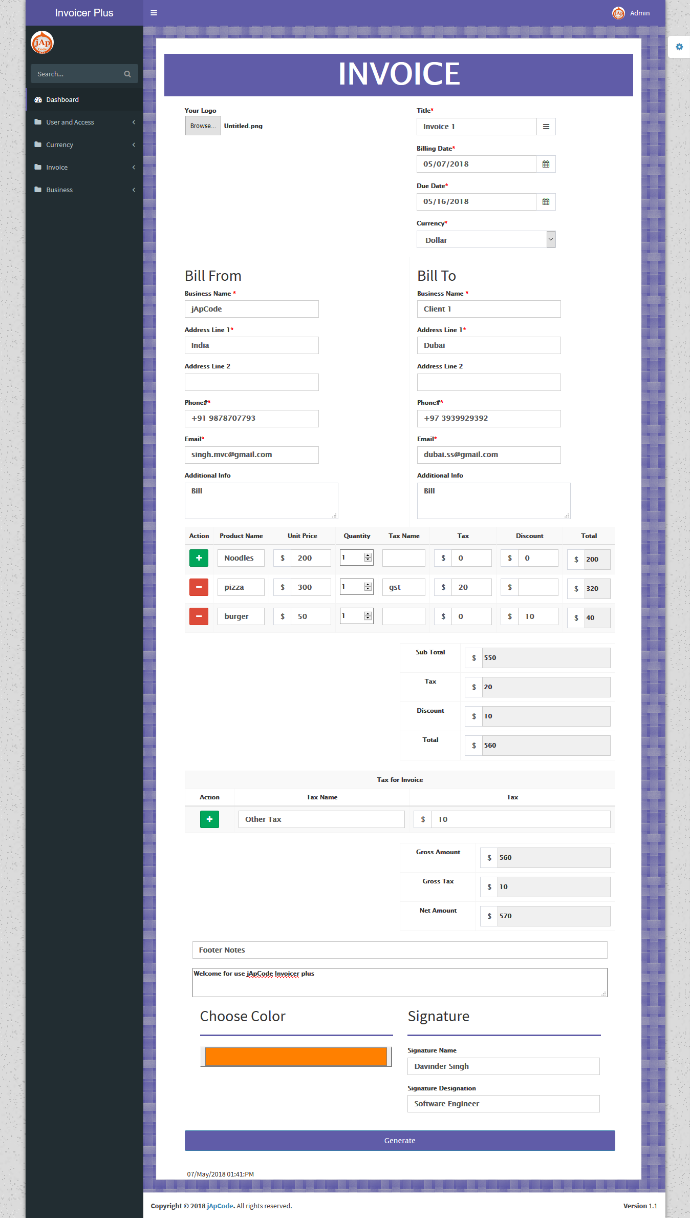 Invoicer Plus (Invoice Generator) Open Source Asp.net Mvc  5 Print | Email | Edit able Invoice - 2