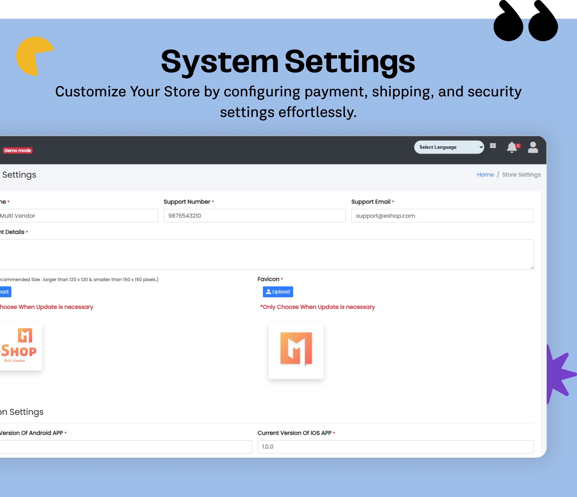 System Settings - eShop website for Multi vendor ecommerce marketplace / CMS