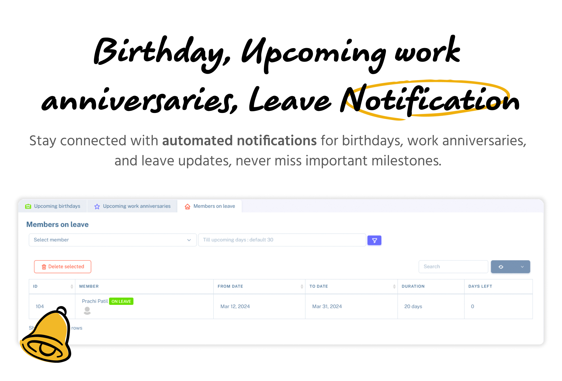 Birthday, Work Anniversaries and Members on Leaves - Admin panel - Taskify SaaS - Project Management, Task Management & Productivity Tool