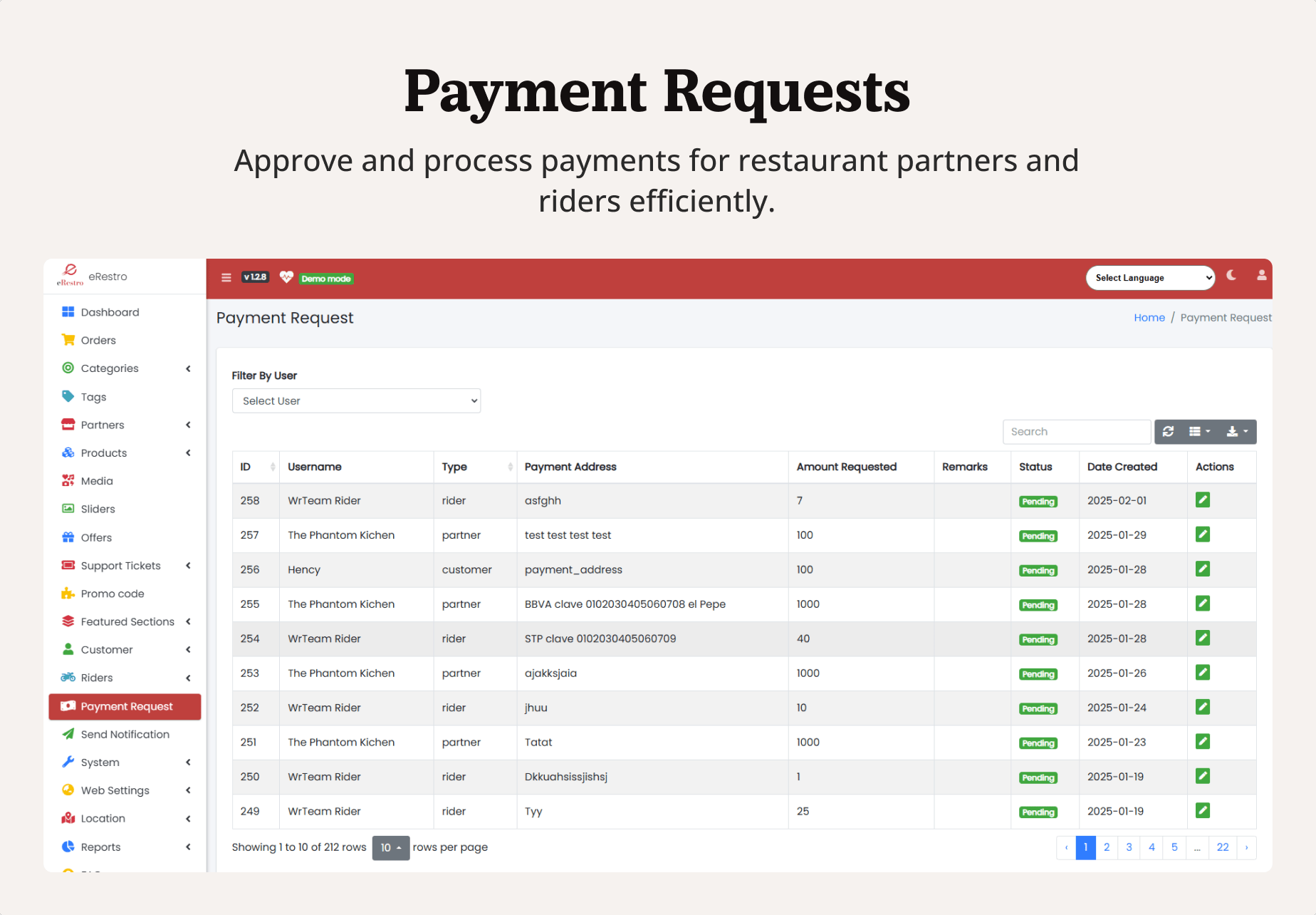 eRestro Web - Payment Requests