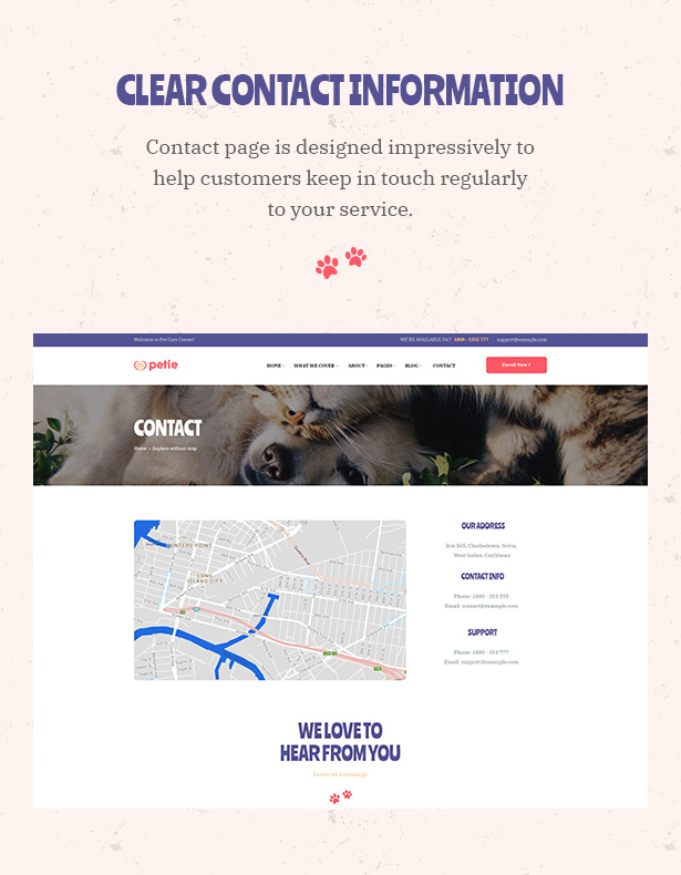 Petie - Pet Care Center & Veterinary WordPress Theme Contact Us Page