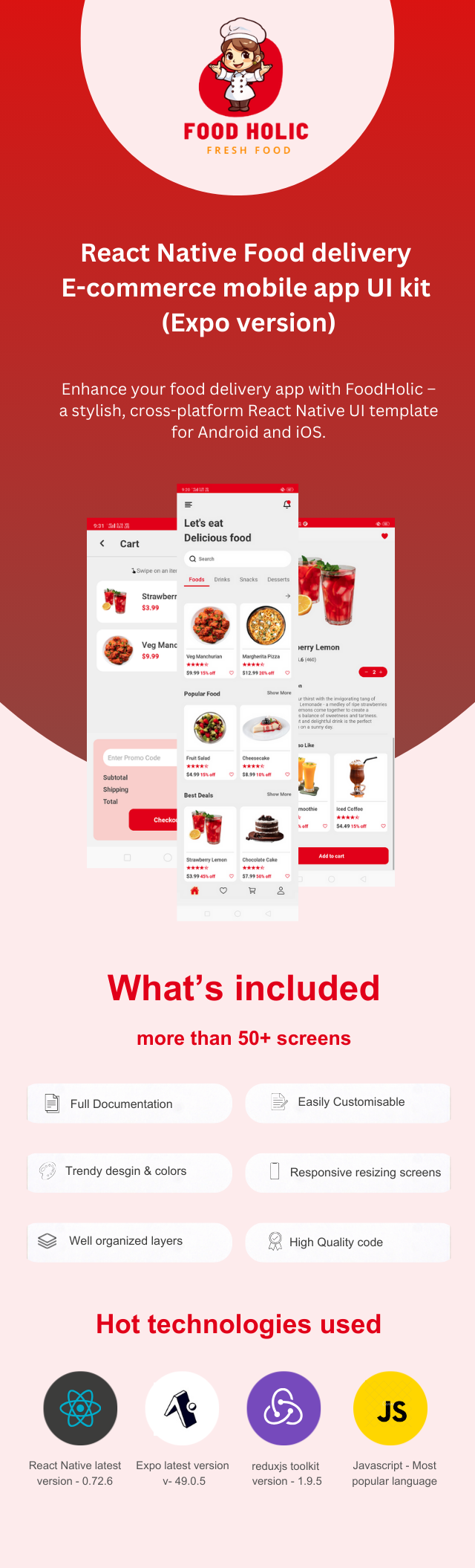 FoodHolic: -React native Mobile food delivery app ui kit featured images