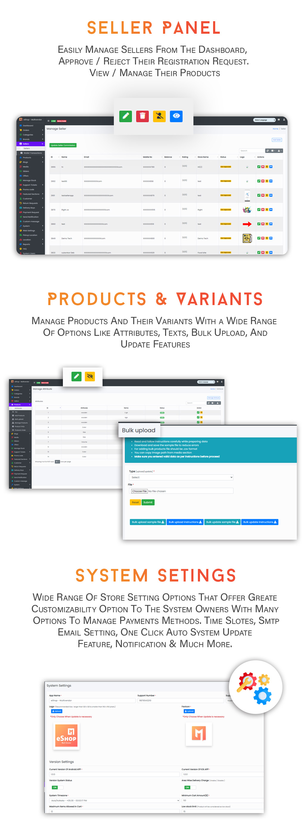 Admin, Seller Panel - eShop website for Multi vendor ecommerce marketplace / CMS