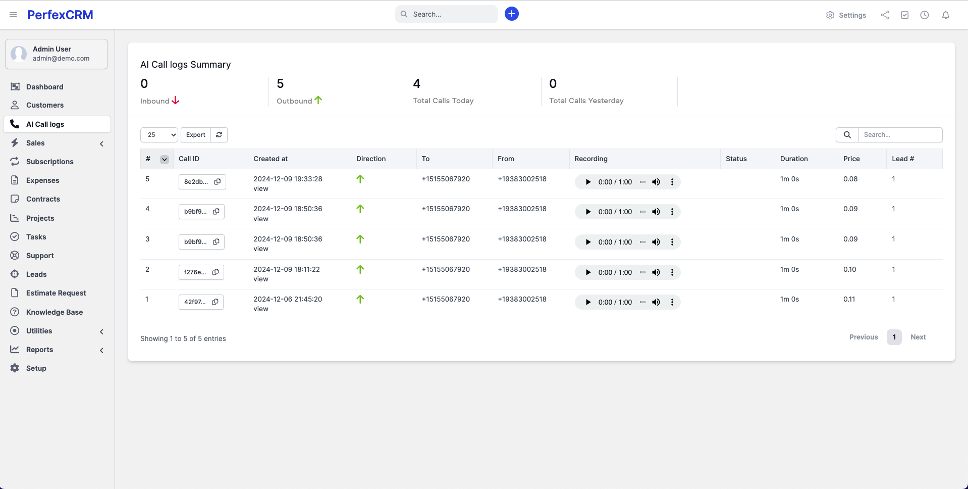 Call Logs Page