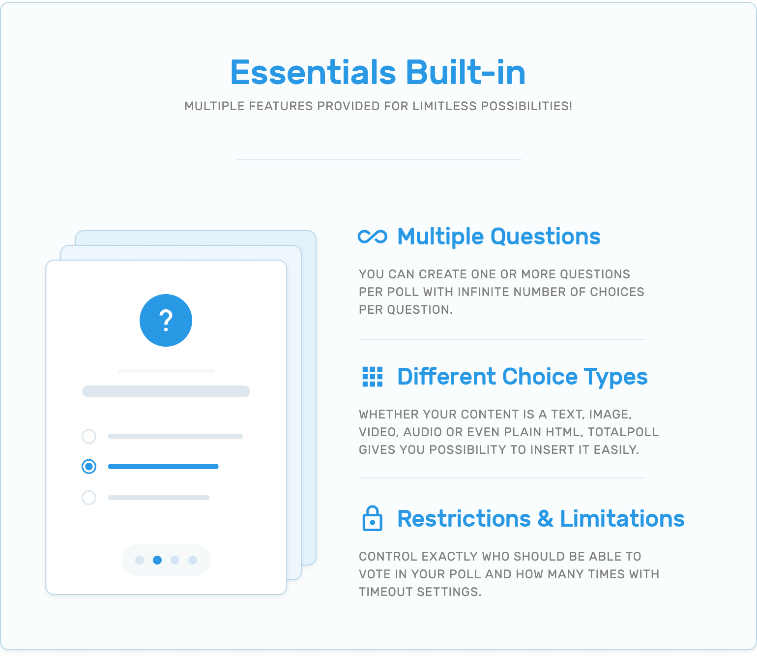 Elementos esenciales integrados, preguntas múltiples, diferentes tipos de elección, restricciones y limitaciones en el complemento de encuestas de TotalPoll WordPress.