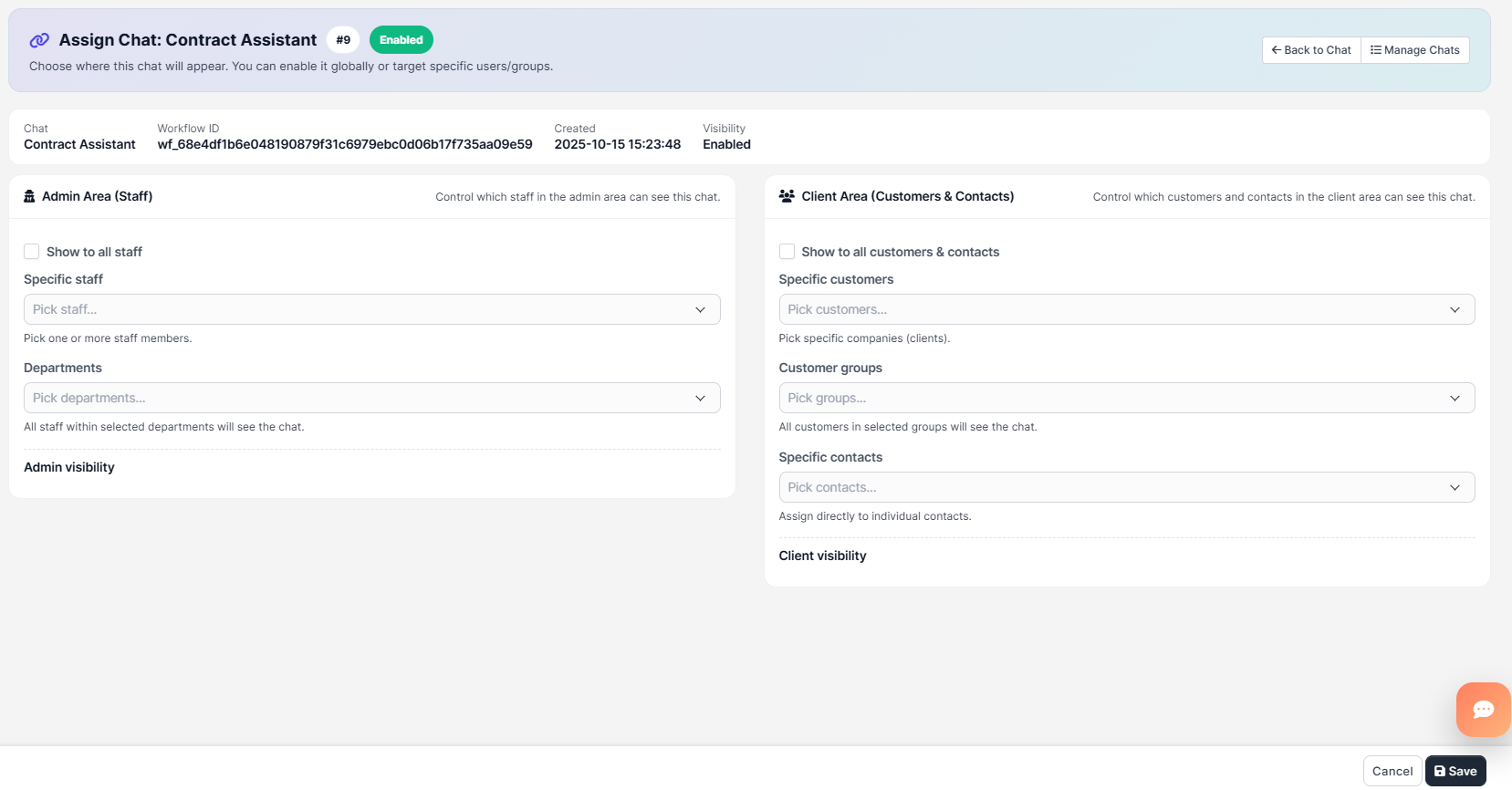 Assignments: staff, departments, customers, groups, contacts