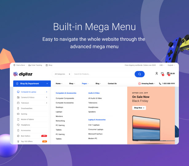 digitaz - electronics store wordpress theme mega menu