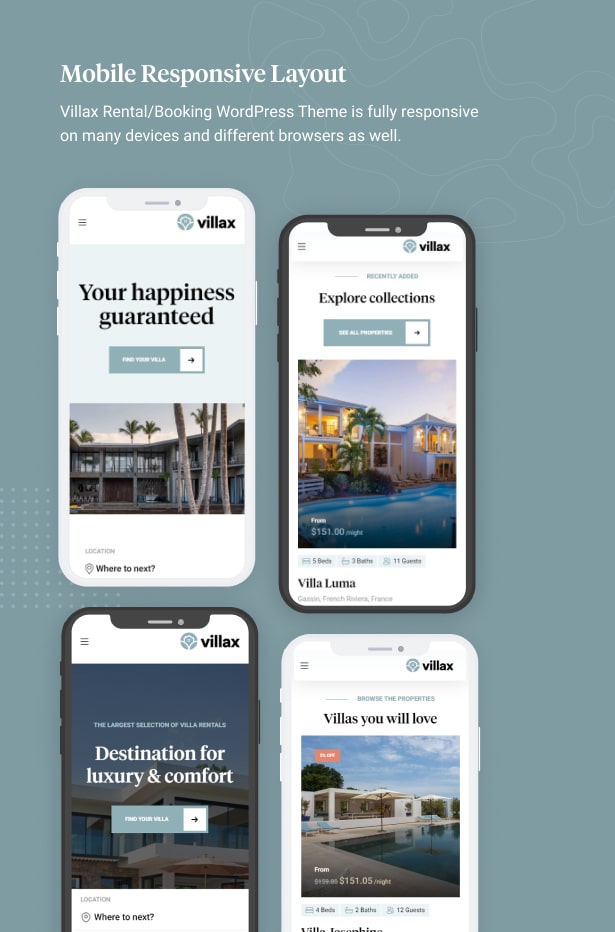 Villax - Villa & Vacation Rentals WordPress Theme - Mobile Responsive Layout