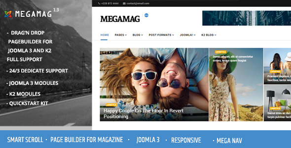 Megamag - K2 Magazine and Bloging for Joomla 3 Responsive Templates - News / Editorial Blog / Magazine