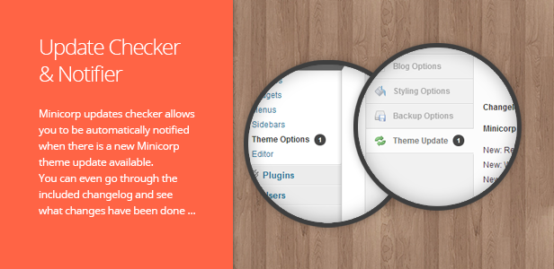 Minicorp Theme Updates. Minicorp updates checker allows you to be automatically notified when there is a new Minicorp theme update available. You can even go through the included changelog and see what changes have been done …