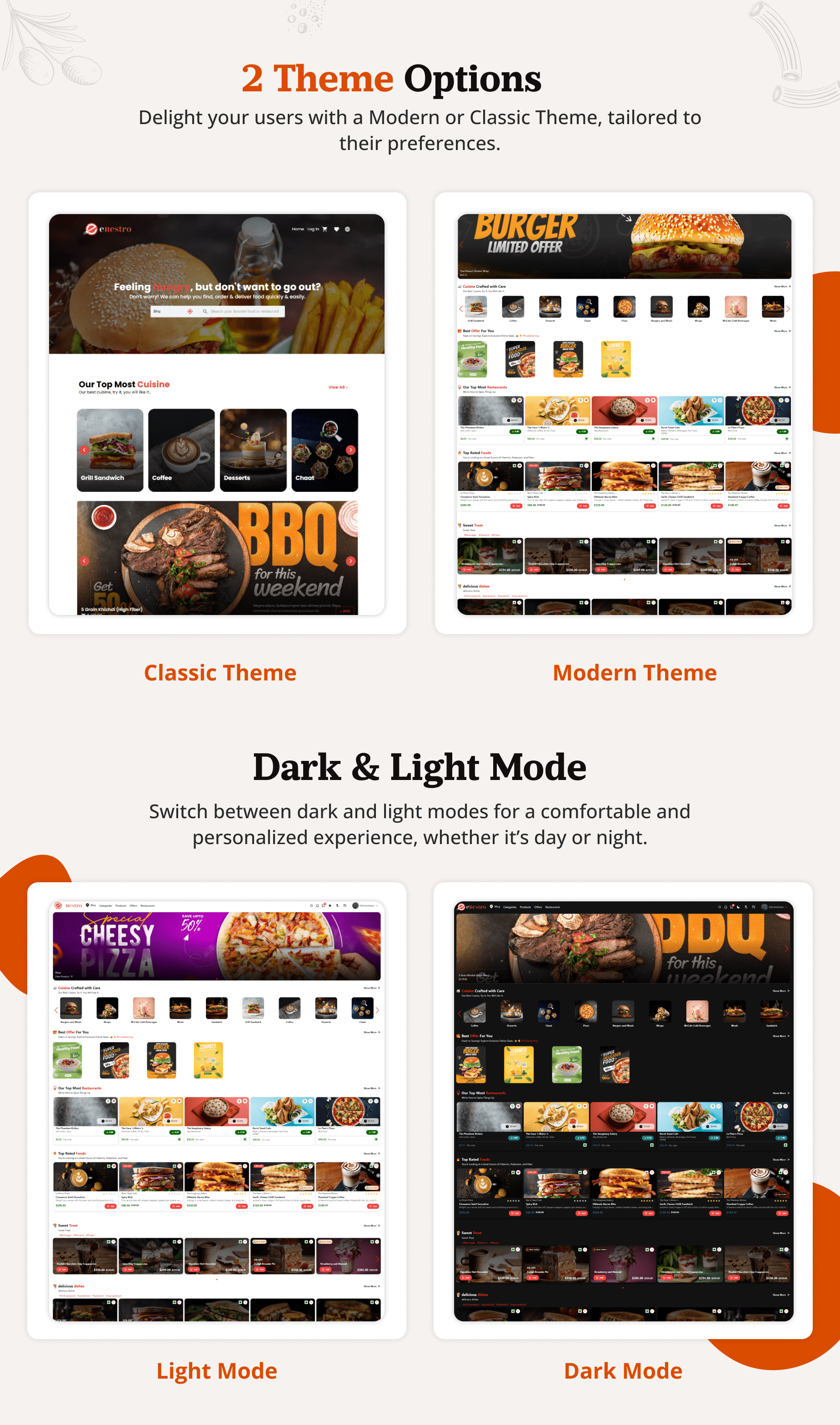 2 theme options - Multi Restaurant and vendor management - eRestro multivendor restaurant food delivery app