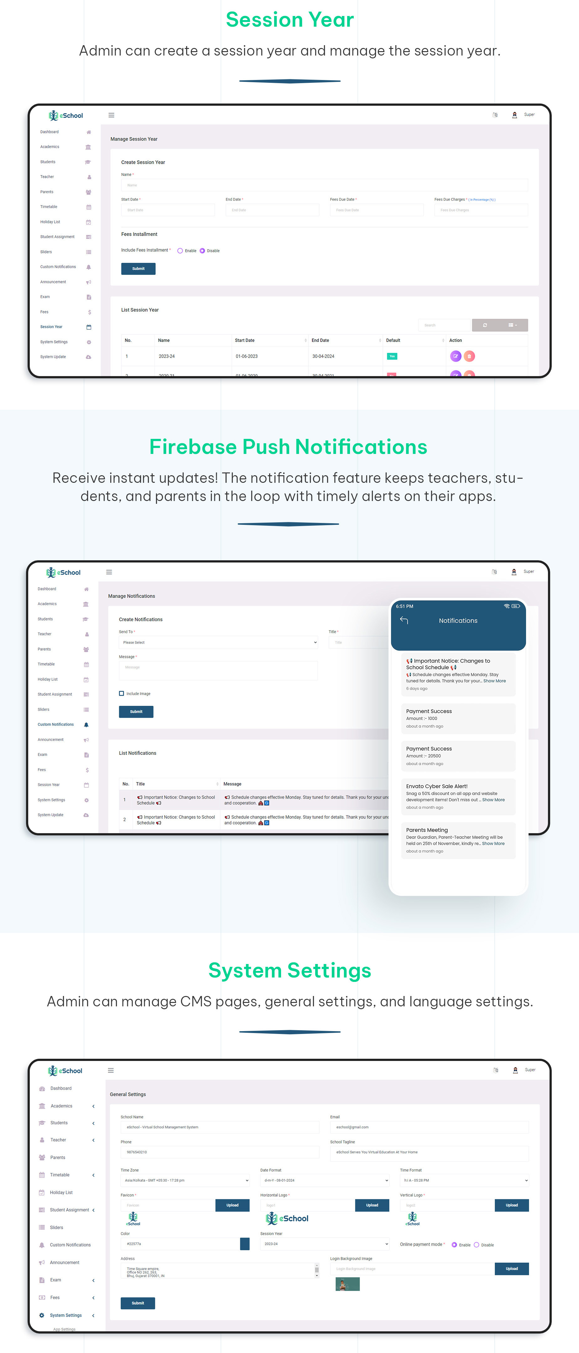 Firebase notification, system setting - Online school management system