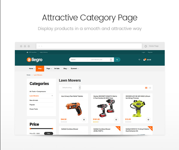 Allegro WooCommerce WordPress theme category page