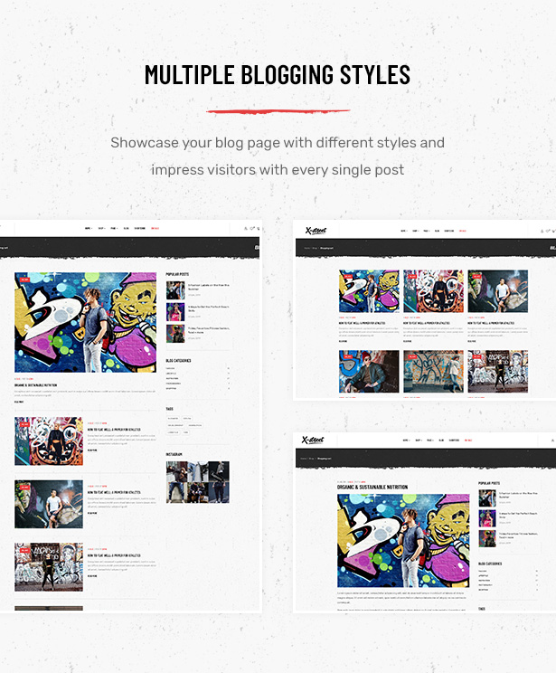 Vários layouts de página de blog no tema WordPress de comércio eletrônico Striz Fashion