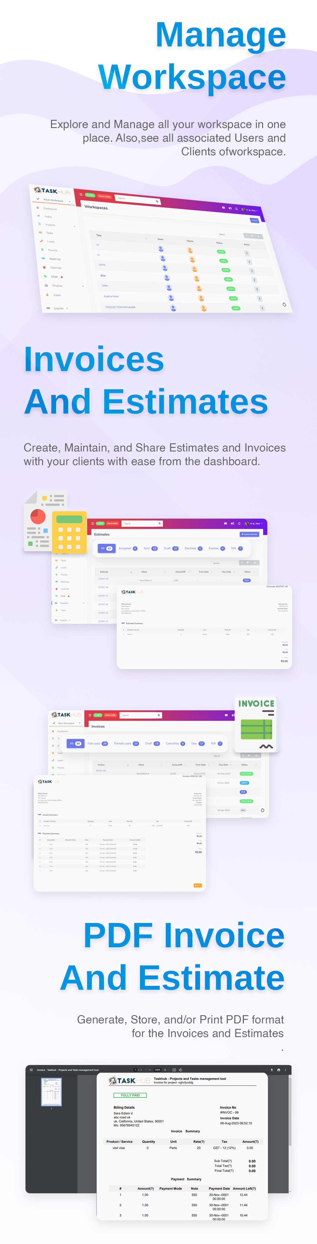 Manage workspace, Finance & Accounting module, Invoices, Estimates & PDFs, Personalised Mails, Taxes, Payments & Expenses- Taskhub - v2.2 - 2
