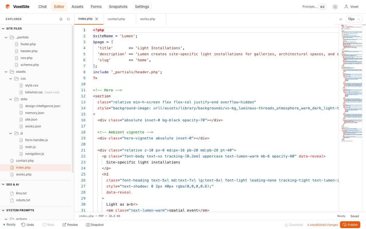 Full Monaco code editor with file explorer and syntax highlighting