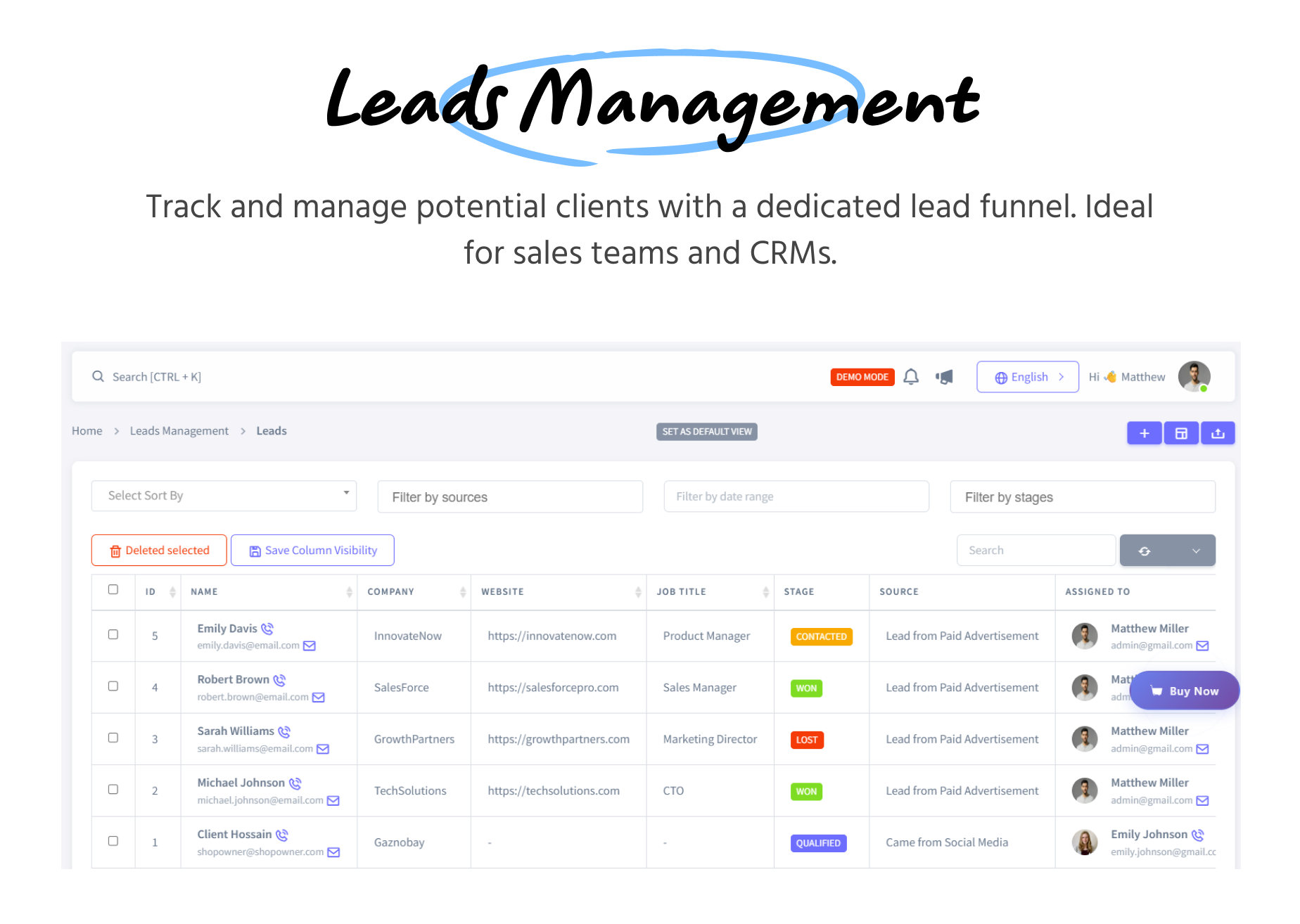 Leads Management - Taskify SaaS - Track and manage potential clients using lead funnel