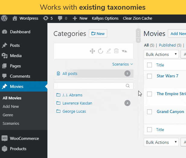 Works with existing taxonomies: All WordPress hierarchical taxonomies are automatically used to visualize folders