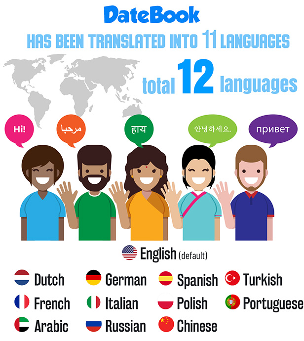 DateBook - Multilingual, translated into 11 languages, total 12 languages. The only theme in the world that is translated into many languages.