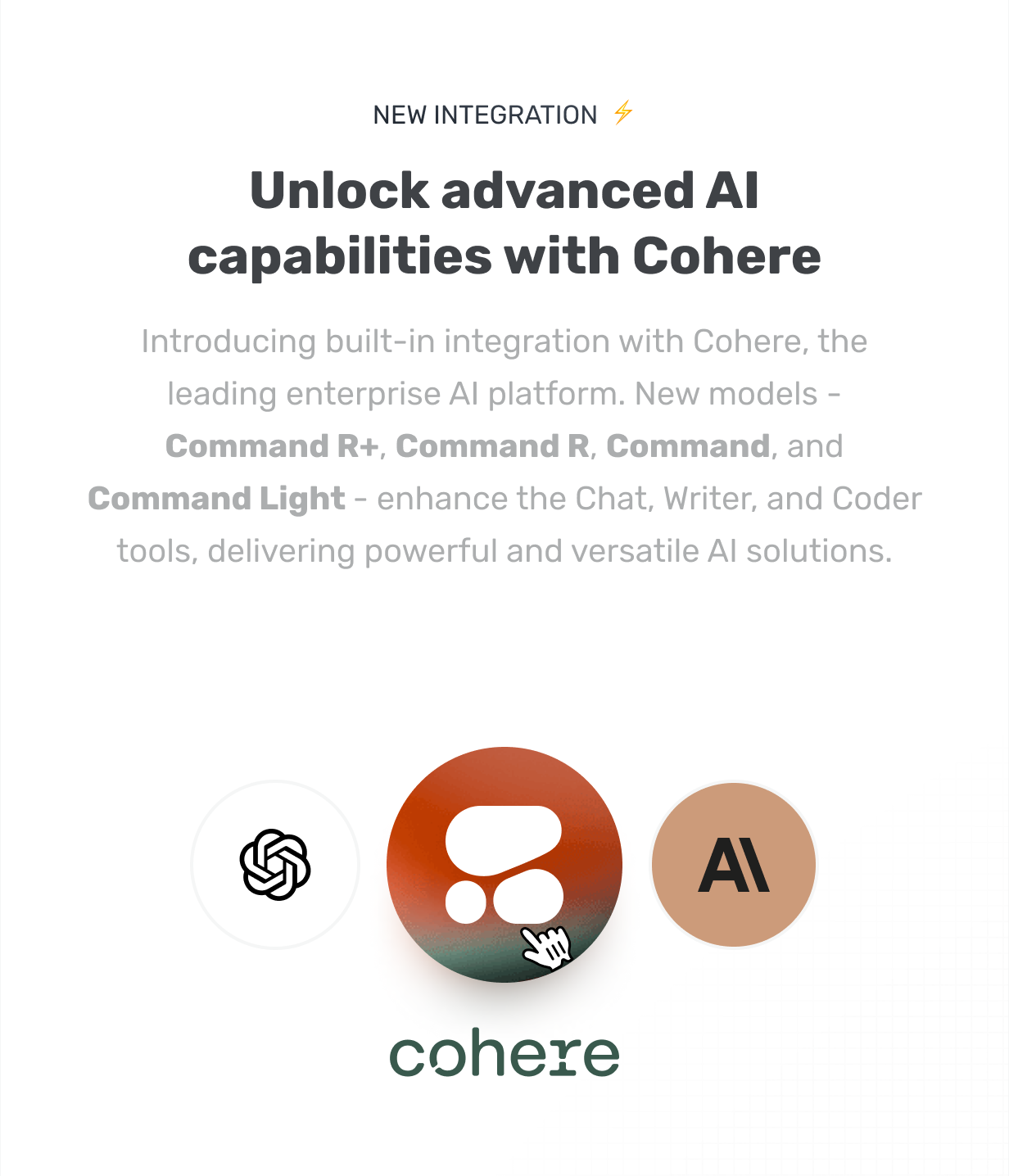 Unlock Advanced AI Capabilities with Cohere - Introducing built-in integration with Cohere, the leading enterprise AI platform. New models - Command R+, Command R, Command, and Command Light - enhance the Chat, Writer, and Coder tools, delivering powerful and versatile AI solutions. @heyaikeedo #aikeedo