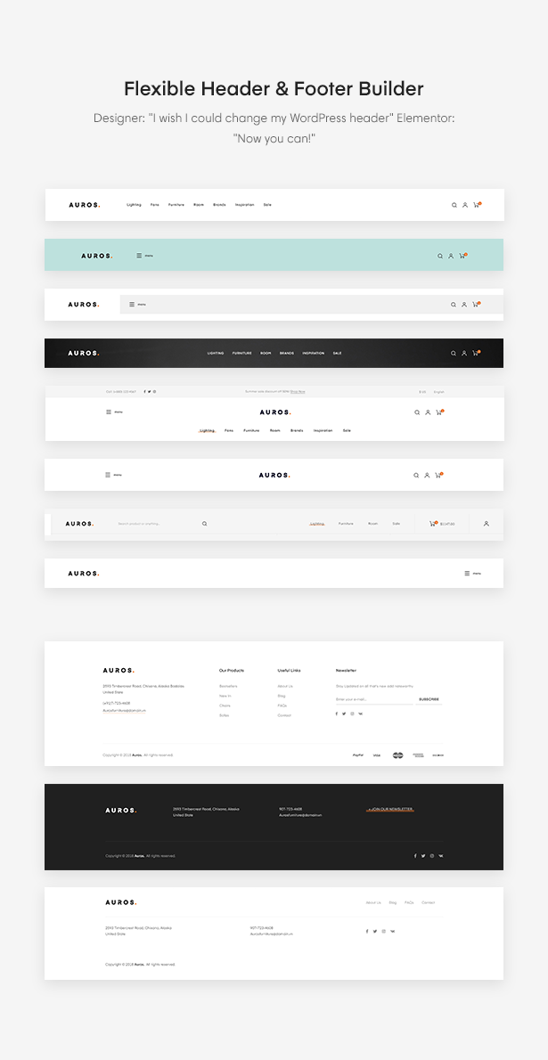 Flexible Header & Footer Builder of Auros Furniture Elementor WooCommerce Theme