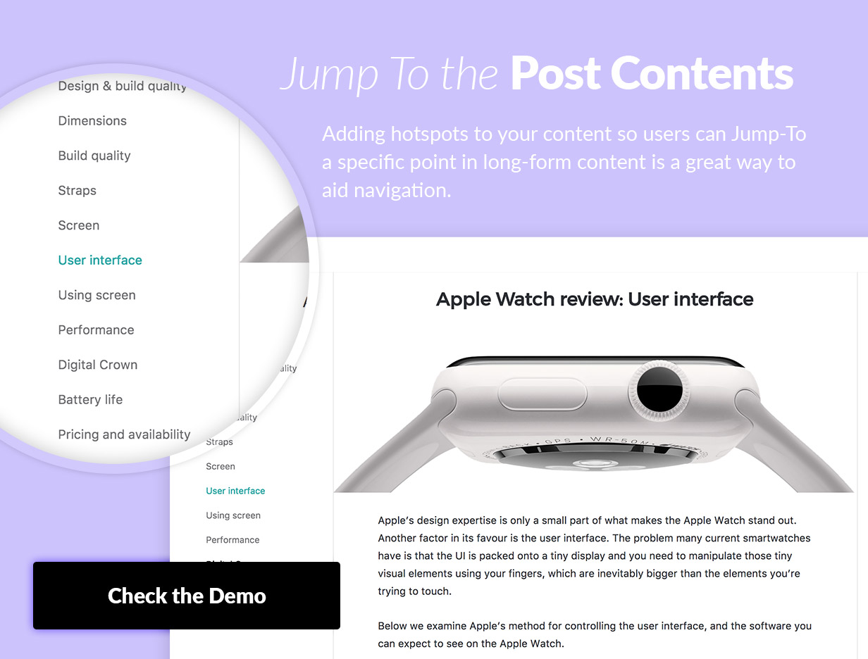 Adding hotspots to your content so users can Jump-To a specific point in long-form content is a great way to aid navigation.