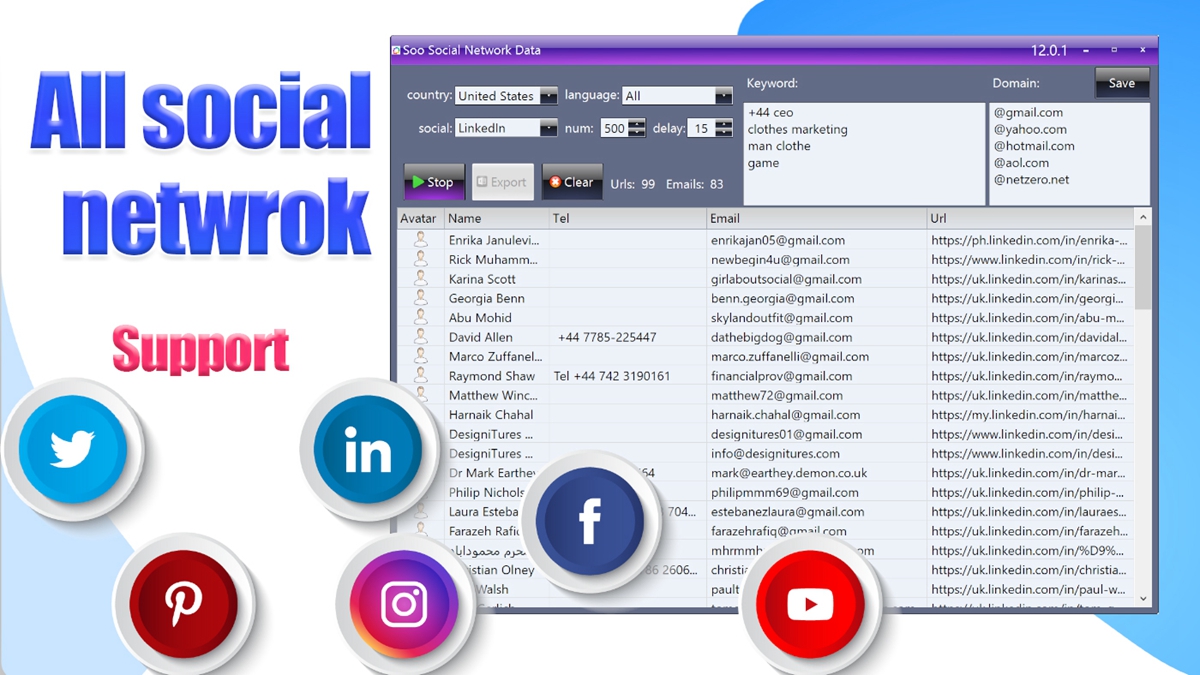 Social Network Data Scraper Pro-Support Scraper LinkedIn|Facebook|Instagram|Twitter|Pinterest|Youtube