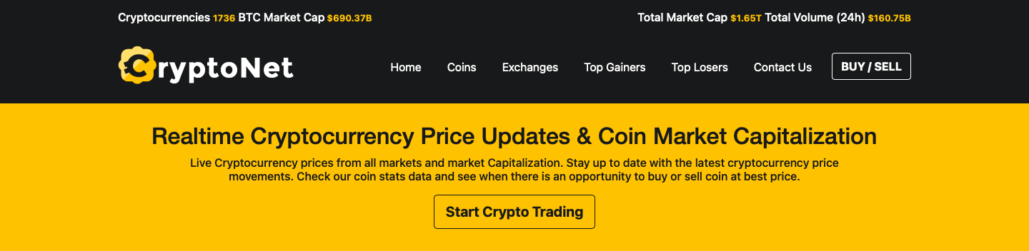 Crypto Net - Cryptocurrency CoinMarketCap, Prices, Chart, Exchanges, Market Data & Ticker PHP Script - 1