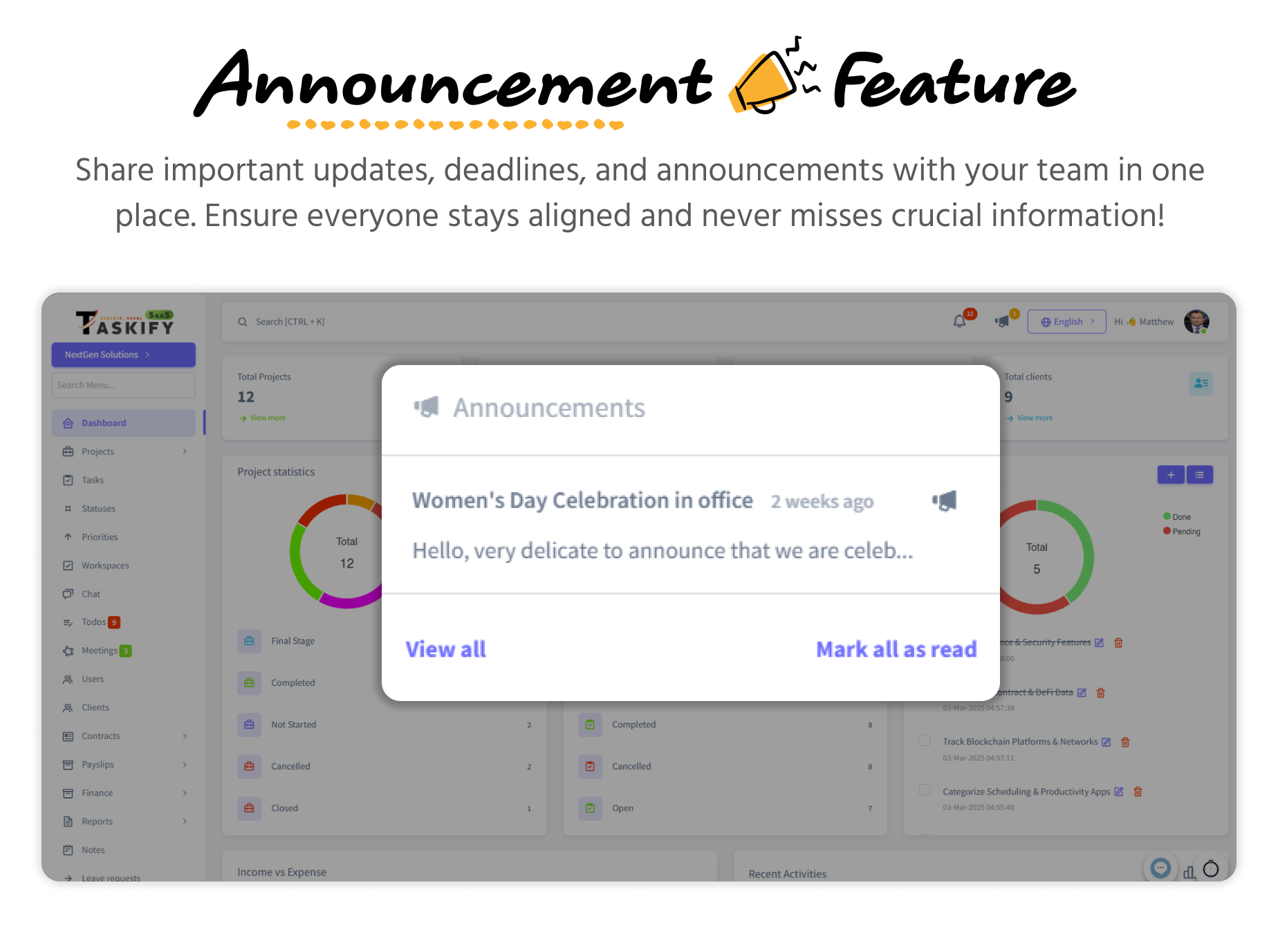 Announcements - Admin panel - Taskify SaaS - Project Management, Task Management & Productivity Tool