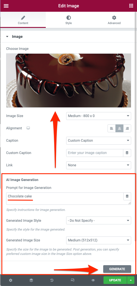 Widget de imagem nativa Elementor com opções de geração de imagem AI