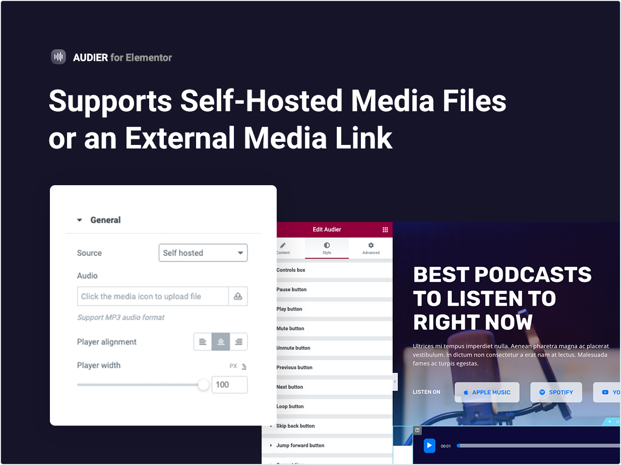 Supports self-hosted media files or an external media link