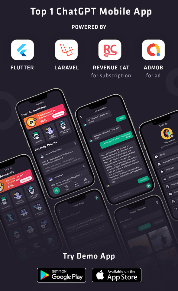 QUICKL - ChatGPT Flutter Full Application With ADMOB | Subscription Plan - 5