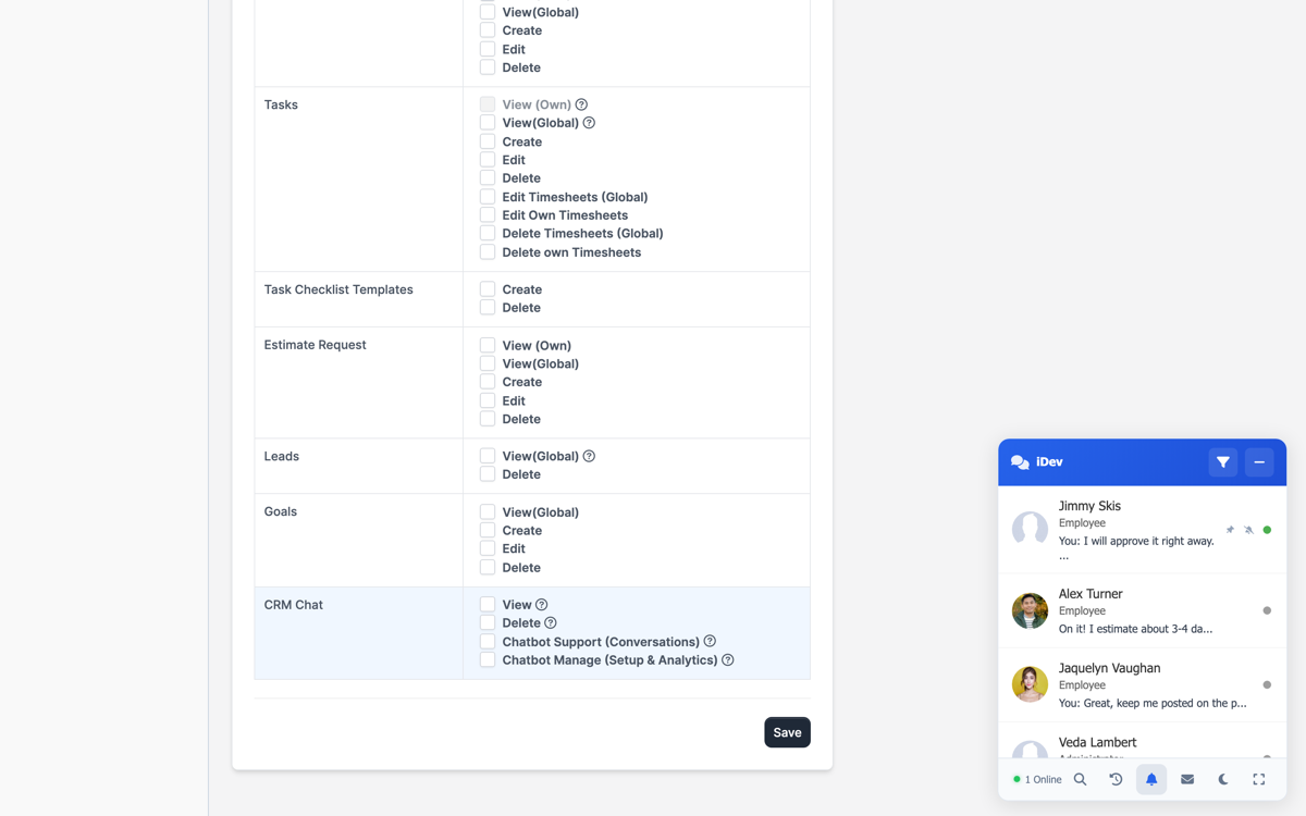 Perfex CRM Chat Permissions and Admin Settings - Staff Access Control