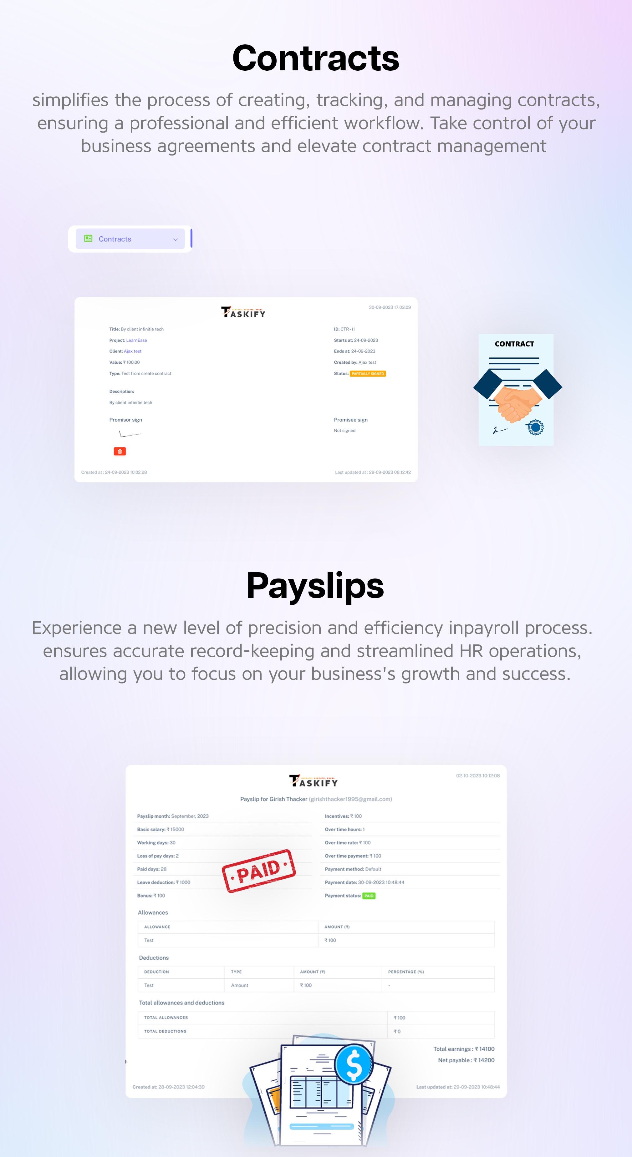 Contracts and Payslips | Taskify - Project Management, Task Management & Productivity System