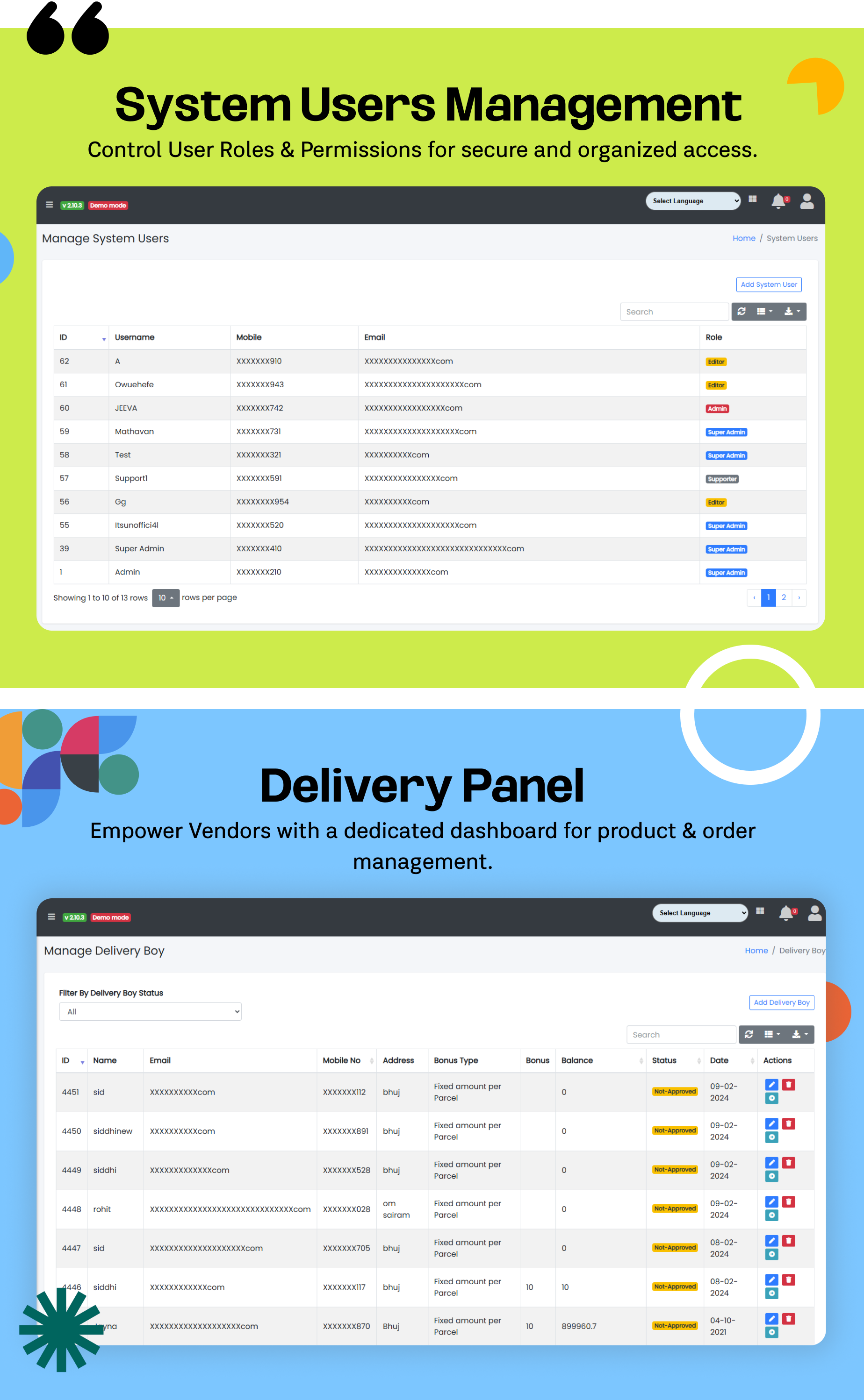 System Users Management & Delivery Panel - eShop website for Multi vendor ecommerce marketplace / CMS