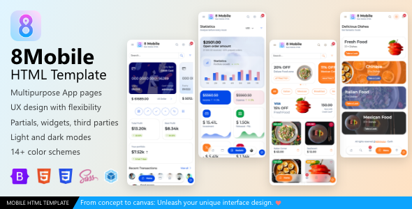 8 Mobile Wallet Finance Resturant and Travel App HTML Bootstrap 5 HTML Template