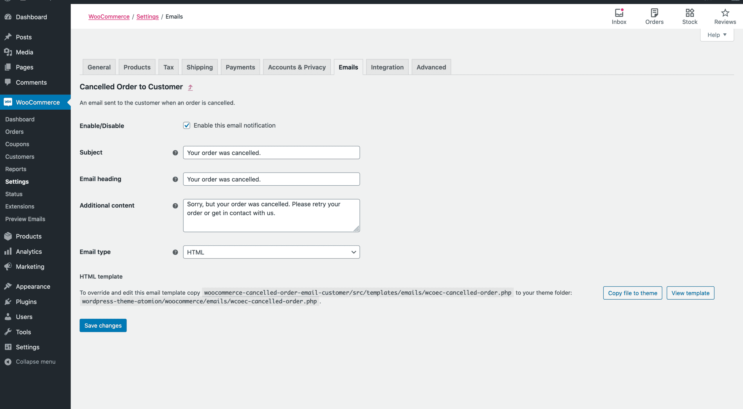 woocommerce stornierte Bestell-E-Mail an Kundeneinstellungen