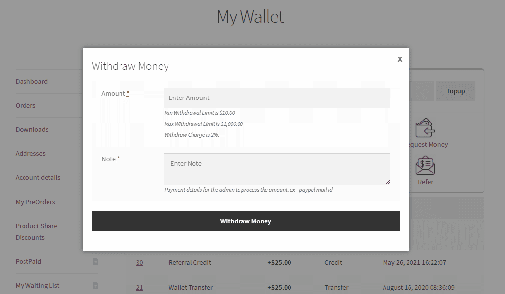 Withdraw money popup