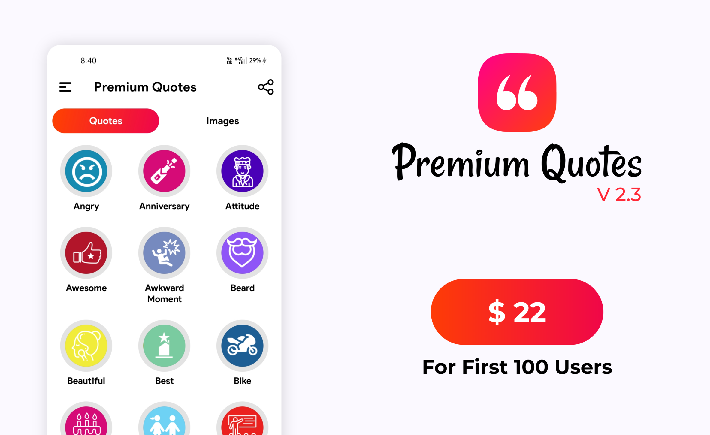 Premium Quotes app with Admin panel and Admob facebook ads